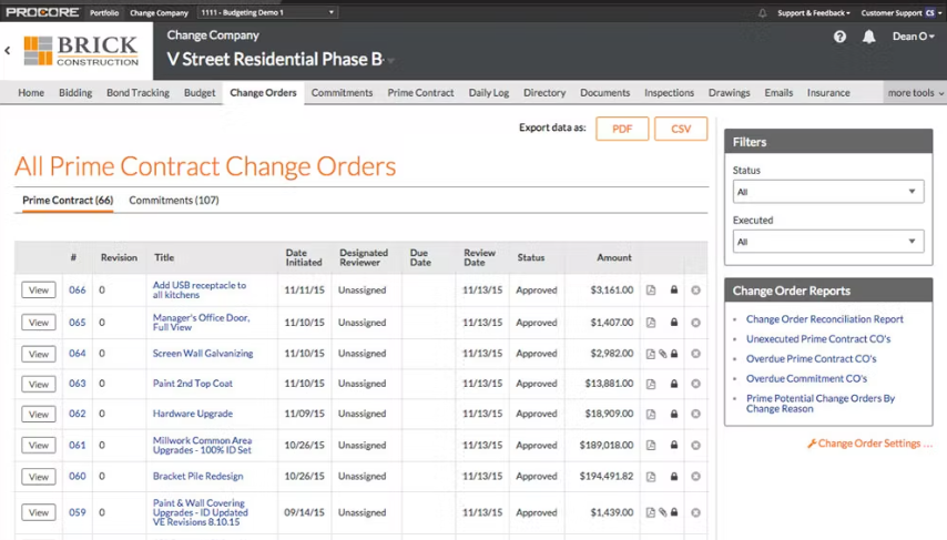 A-screenshot-of-the-change-orders-screen-in-Procore-construction-software-with-an-orange,-white,-and-black-color-scheme