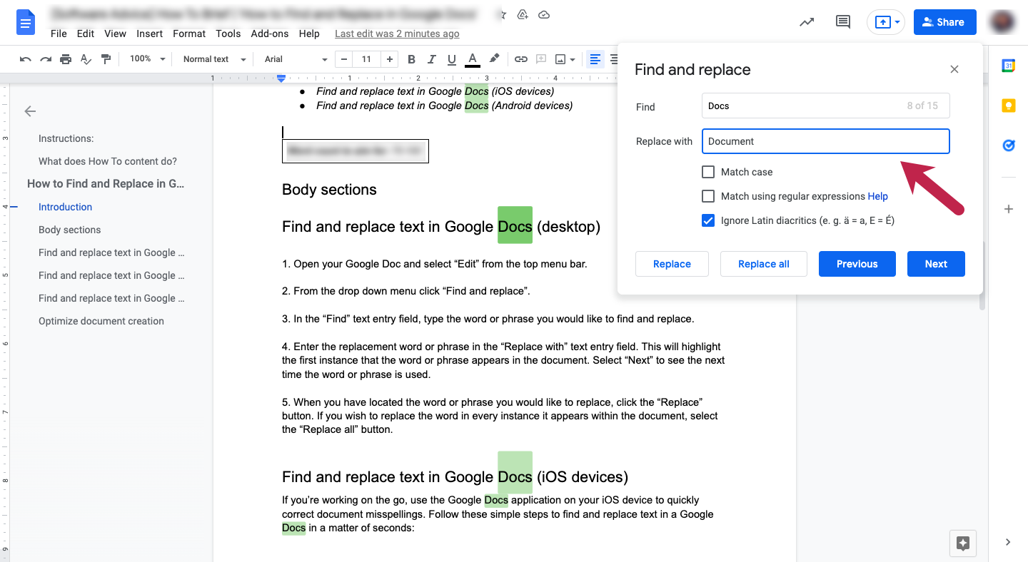 Find-and-replace-text-in-Google-Docs---enter-replacement-text-in-the-"replace-with"-field