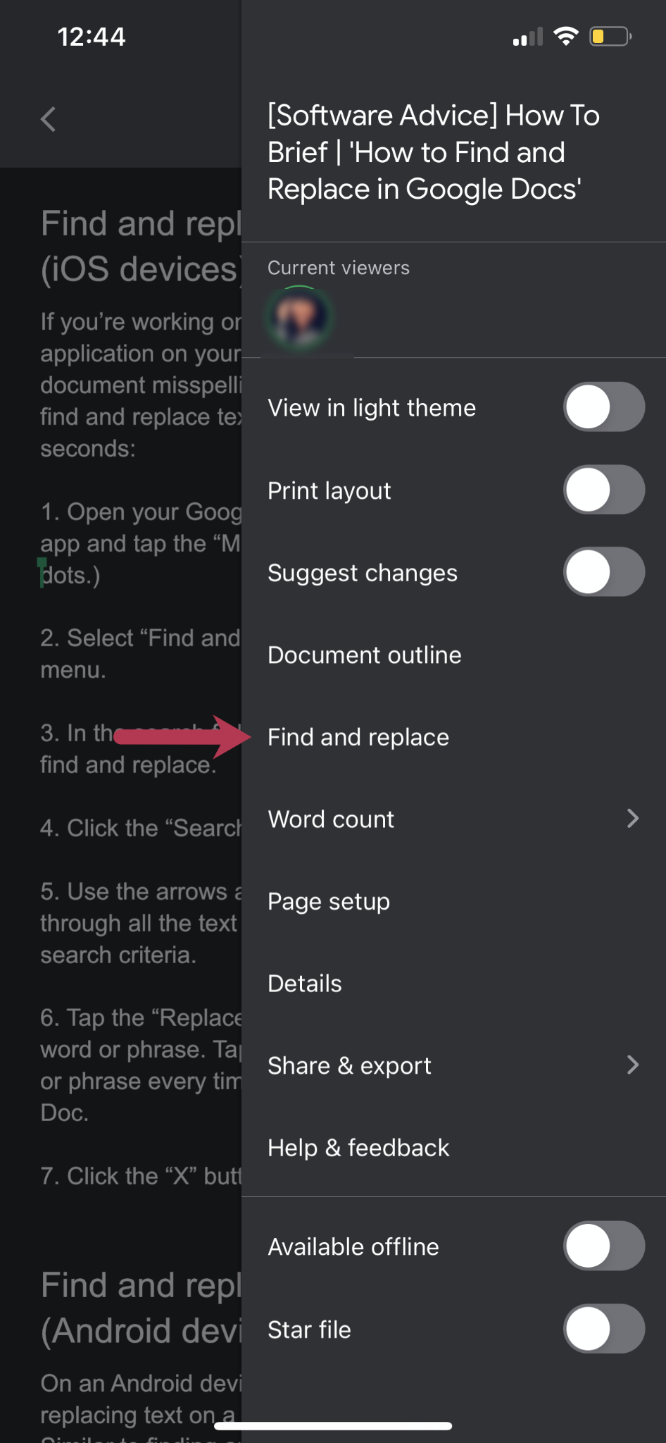Tap-"Find-and-replace"-on-the-drop-down-menu