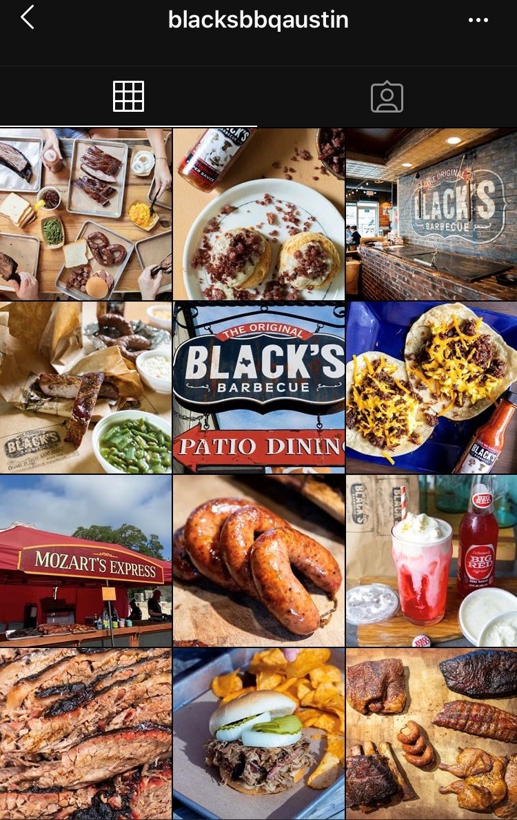 An-array-of-pictures-from-Black’s-BBQ’s-Instagram-page,-featuring-various-pictures-of-BBQ