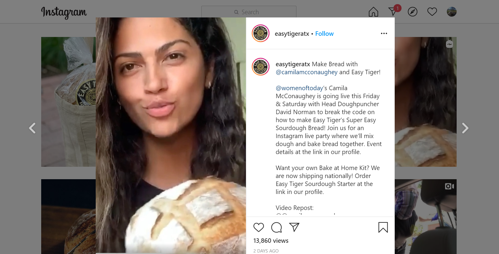An-Instagram-post-showing-a-still-from-a-video-of-Camila-McConaughey-baking-Easy-Tiger’s-sourdough-bread