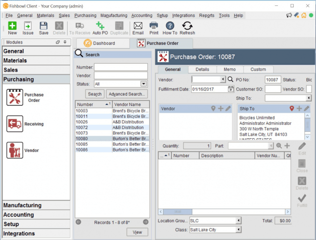 processing a purchase order in fishbowl inventory