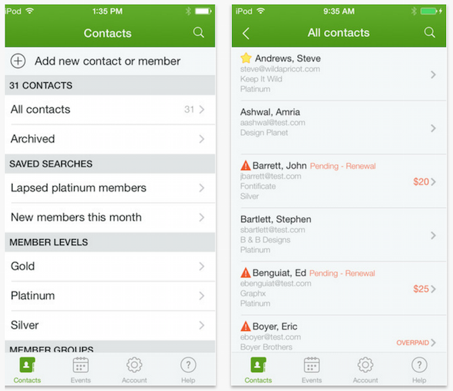 Membership management mobile interface for Wild Apricot