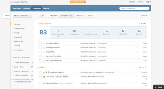 Overview of candidates in Recruiterbox