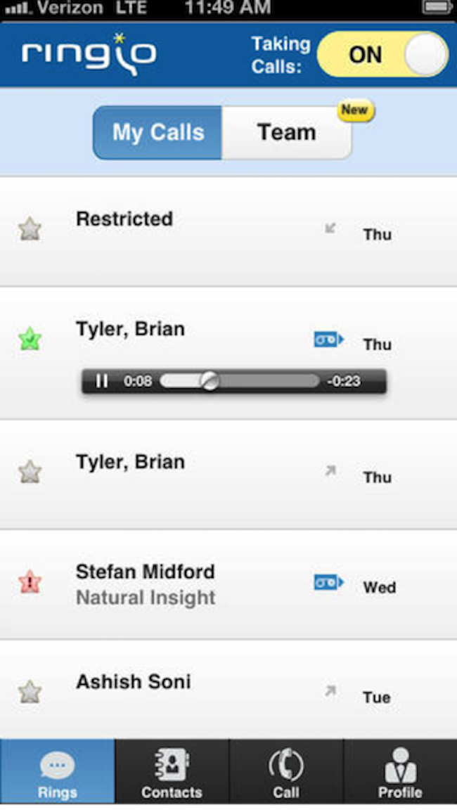 Call history in Ringio