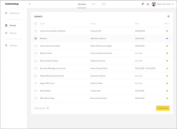 Ticketsetup event management screenshot