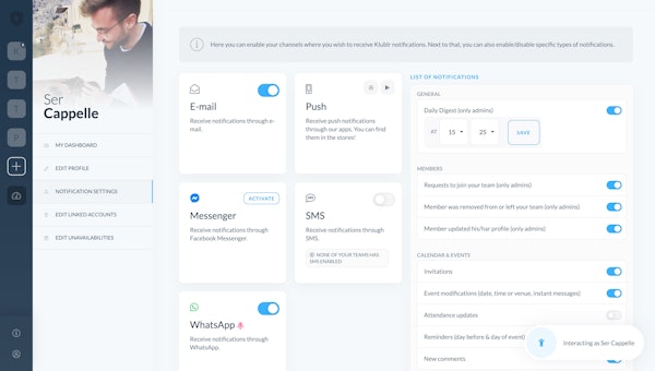 Klublr notification settings