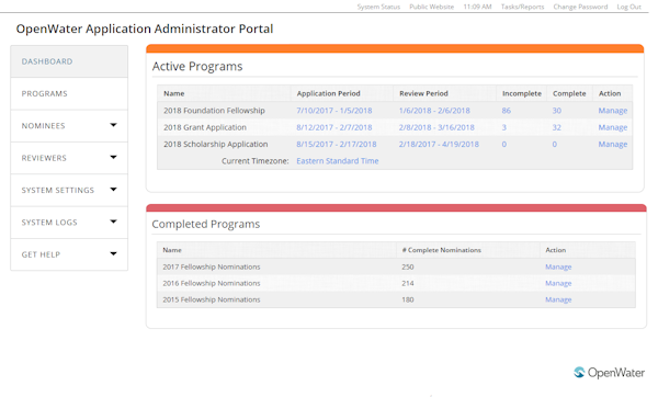 OpenWater administrator portal screenshot