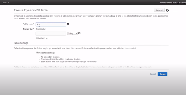 Amazon DynamoDB table creation