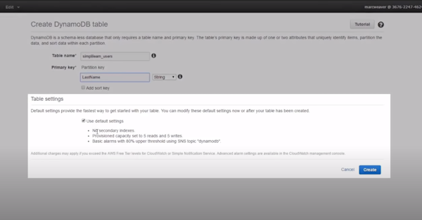 Amazon DynamoDB table settings