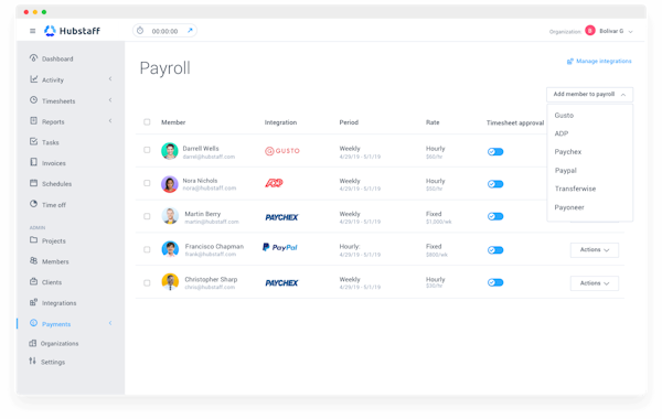 Hubstaff payroll management screenshot