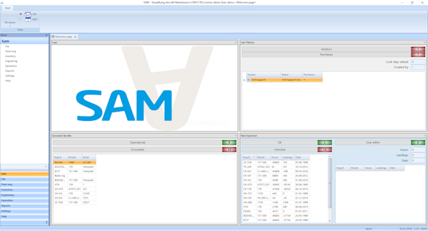 SAM Aviation Maintenance Software welcome page screenshot