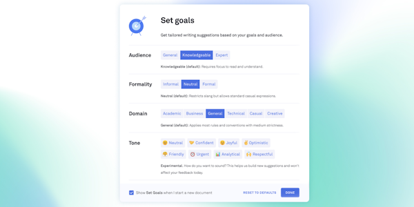 Grammarly Business goal setting
