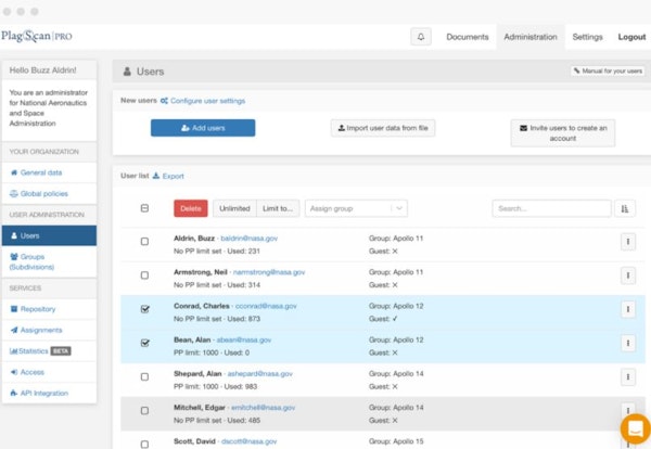 PlagScan user management