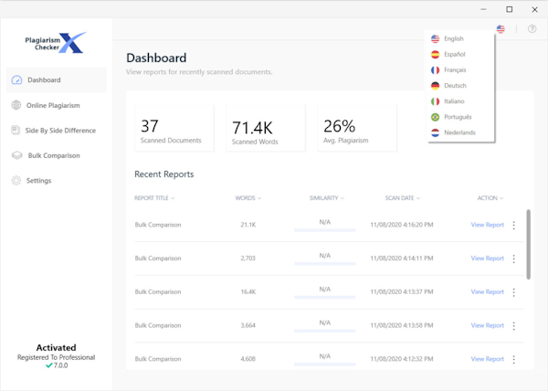 Plagiarism Checker X dashboard