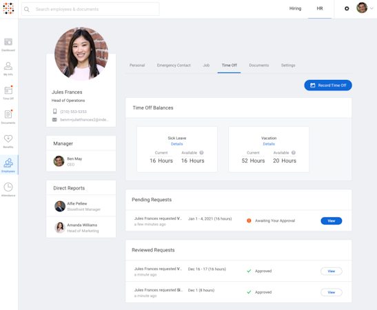 SimplyHired HRIS - employee PTO balances