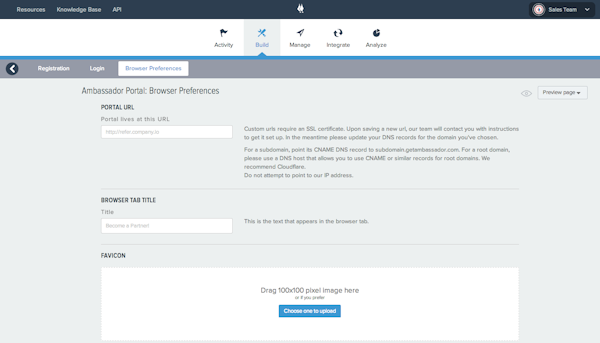 Ambassador Referral Marketing browser preferences screenshot