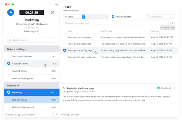 Hubstaff task management screenshot