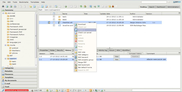 OpenKM contextual menu and desktop screenshot