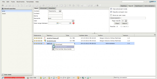 OpenKM full text and advanced search screenshot
