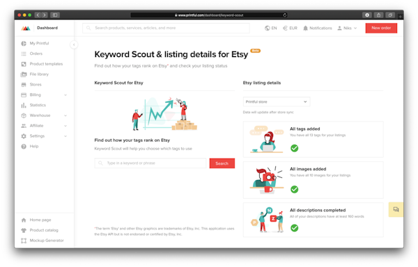 Printful keyword searching and edit listing details