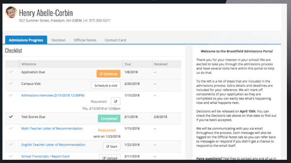 Blackbaud Enrollment Management System checklist