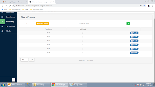 CloudWadi ERP fiscal years screenshot