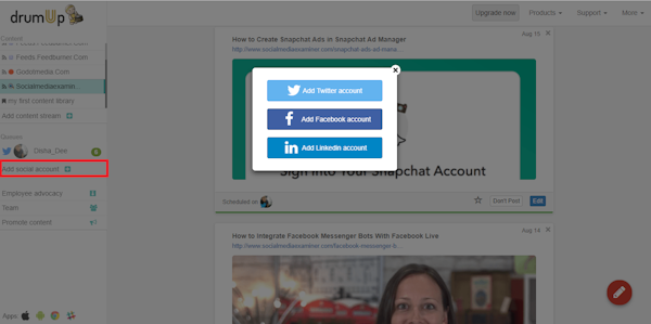DrumUp adding social accounts