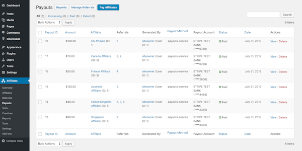 AffiliateWP Payout List