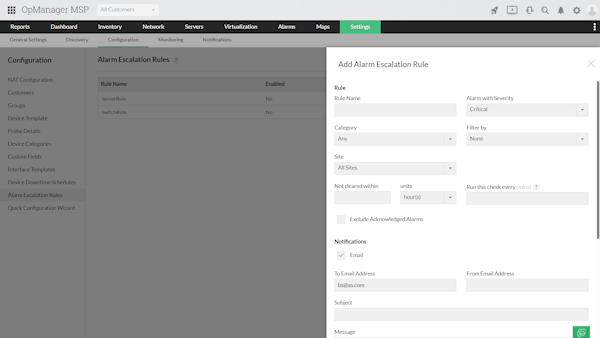 OpManager MSP alarm escalation rule
