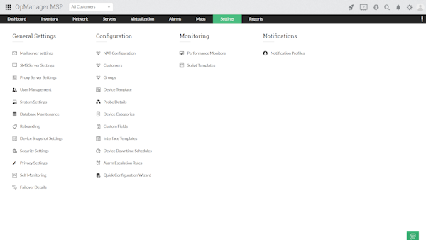 OpManager MSP customer settings