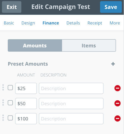 Anedot edit campaign test screenshot