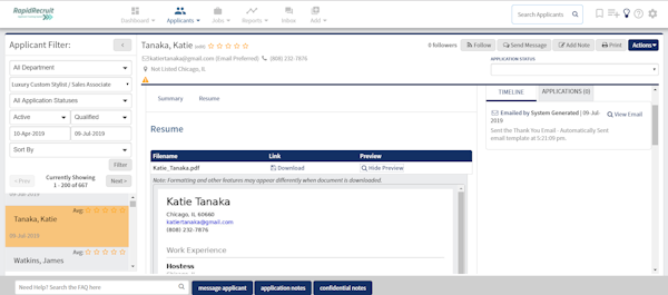 RapidRecruit application view