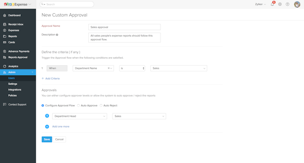 Zoho Expense custom approval screenshot.