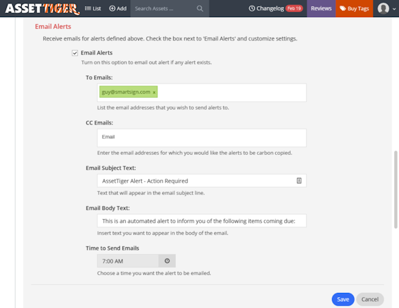 AssetTiger email alerts