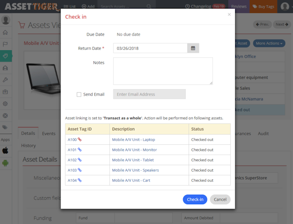 AssetTiger check-in details