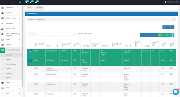 Timesheets screen