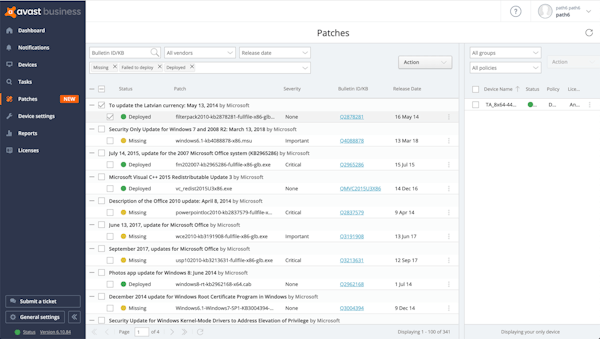 Avast Business Patch Management patch status