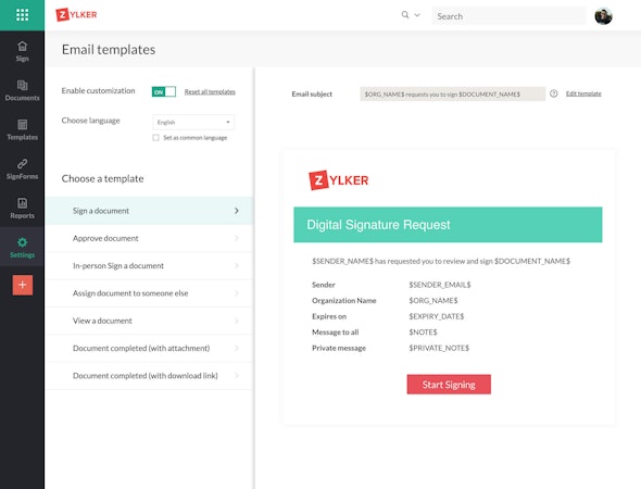 Zoho Sign email templates