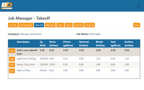 BidDesign job manager takeoff