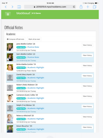Blackbaud Student Information System official notes