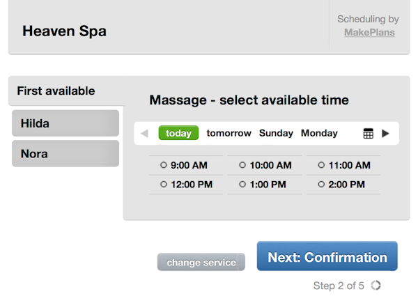 MakePlans booking site screenshot