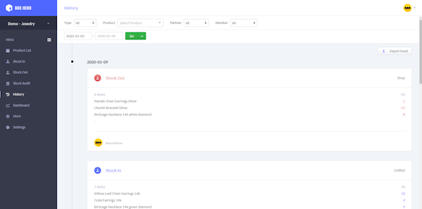 BoxHero inventory history screenshot