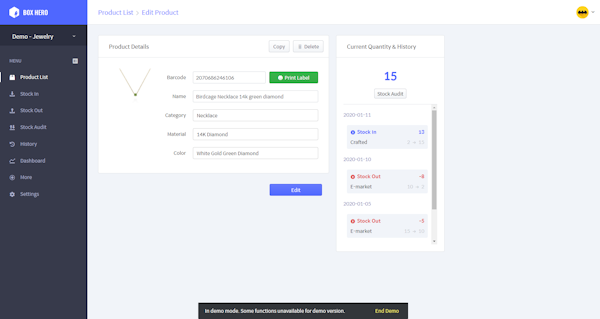 BoxHero product management screenshot