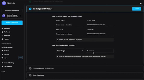 ToneDen budget and schedule setting