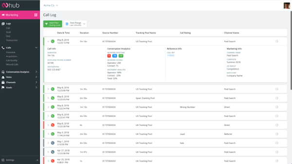 Infinity Call Tracking call log screenshot