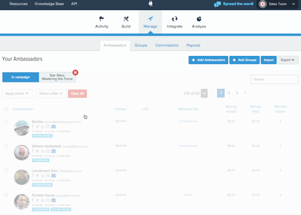 Ambassador Referral Marketing team management screenshot