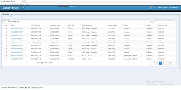 Calibration Studio certificate list