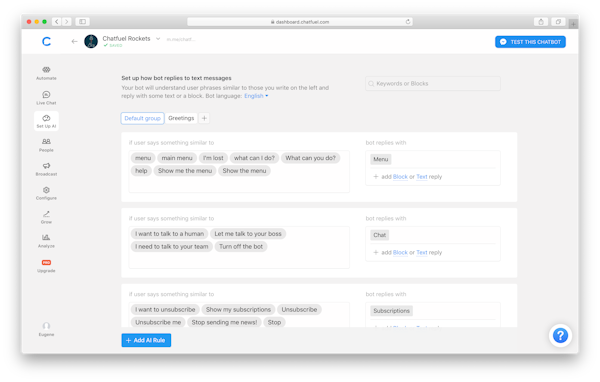 Chatfuel configure AI rules