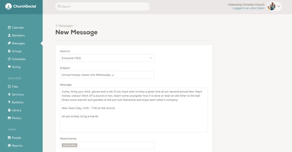 Church Social create message